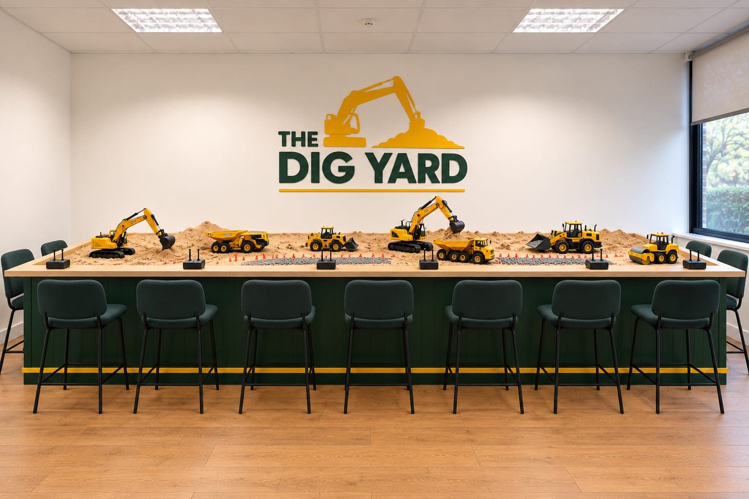 Inside The Dig Yard in Dublin: a long green sandpit table with remote-control excavators, dumpers and loaders, high stools and RC controllers